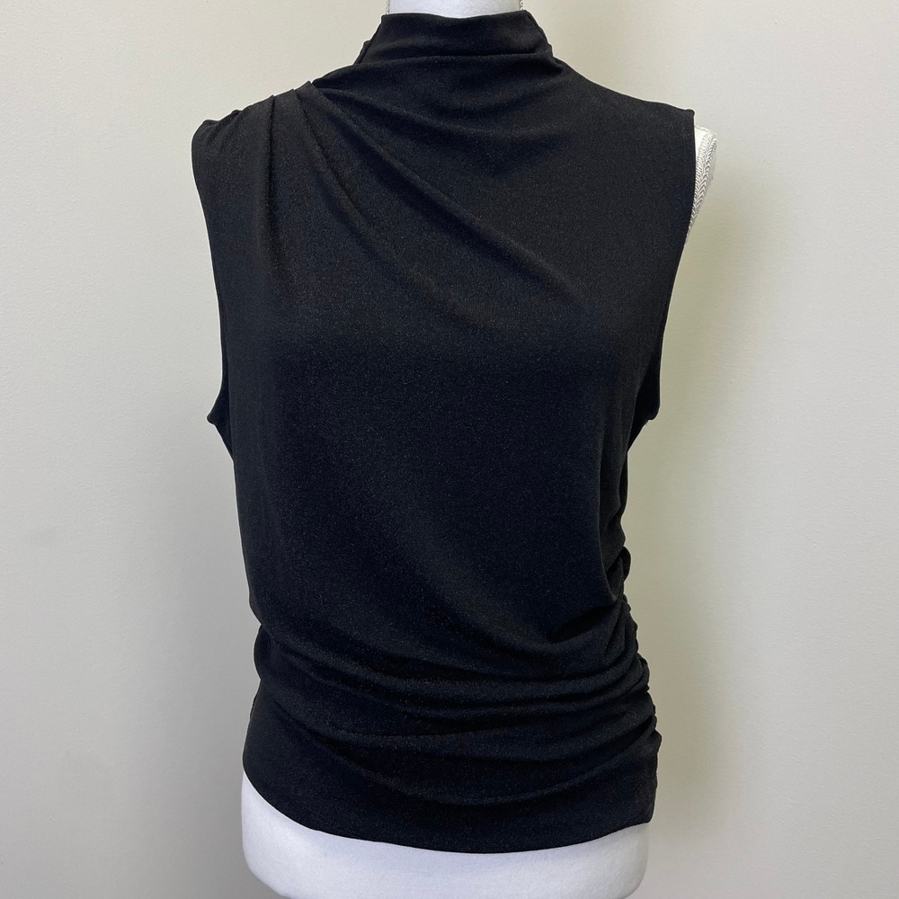 Veronica Beard Knit Black Metallic Mock Neck Sleeveless Draped Ruched Top L